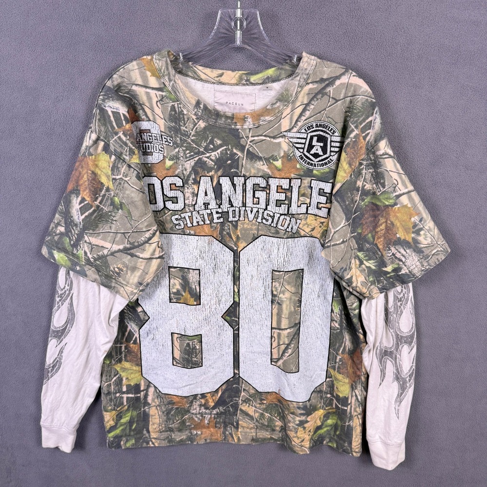 PacSun Los Angeles State Division 80 Camo Layered Look Flame Graphic Tee S